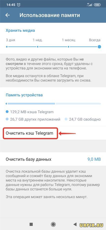 Очистить кэш Telegram